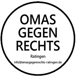 Weisser Kreis mit schwarzem Rand - Schrift 'OMAS GEGEN RECHTS' klein Ratingen und info@omasgegenrechts-ratingen.de